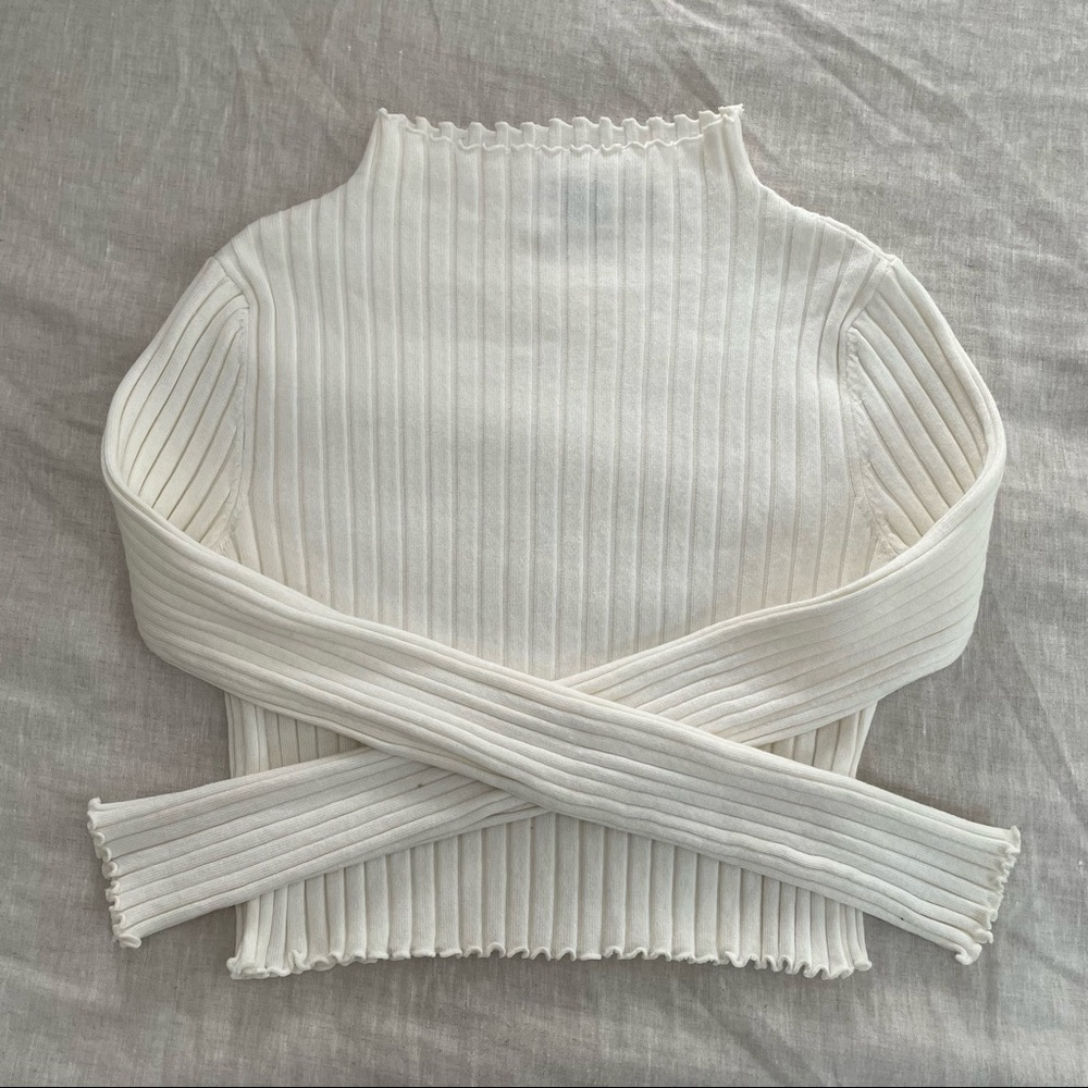 Cream Ribbed Lettuce Hem Mock Neck Long Sleeve Crop Top Princess Polly
